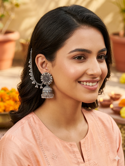 Ethnic Floral Oxidised Jhumka Earrings with Pearl Hangings