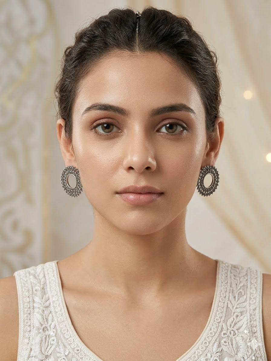 Oxidised Silver Circular Stone Stud Earrings