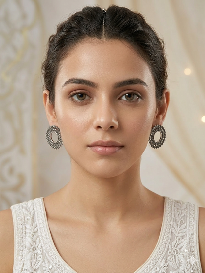 Oxidised Silver Circular Stone Stud Earrings