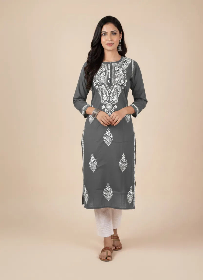 Chikankari Cotton Crochet Button Kurti – Handcrafted Style for Every Occasion | Store Chikankari