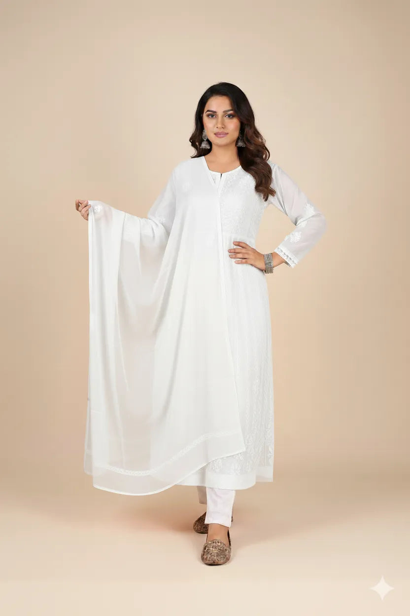 Georgette Aari Embroidered Anarkali with Dupatta – Regal & Graceful Ensemble | Store Chikankari