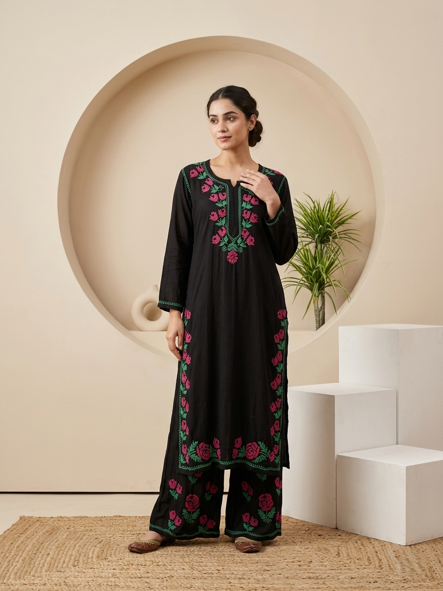 Kashmiri Gul Rayon Chikanakri Co-Ord set