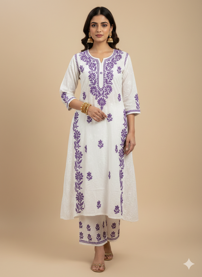 Woman wearing a white kurta with purple floral embroidery on a beige background