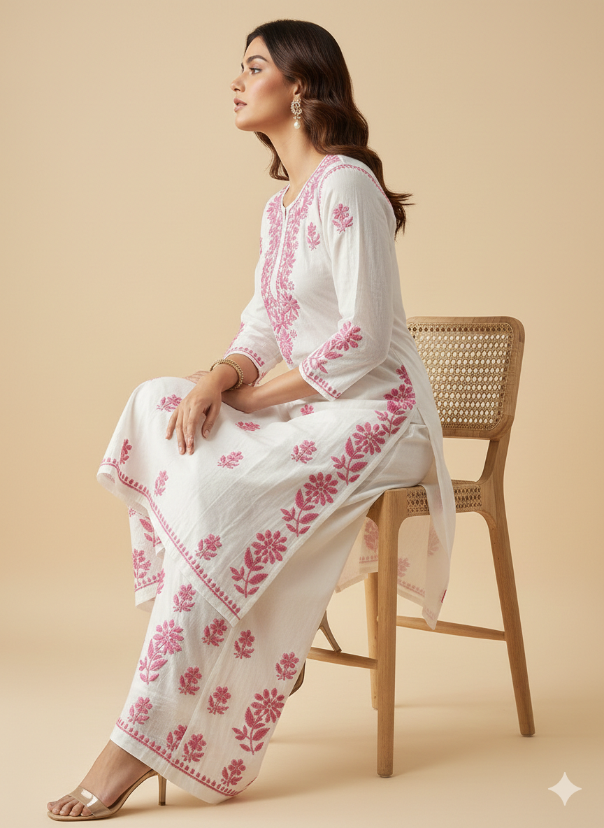 Woman wearing a white outfit with pink floral embroidery sitting on a wooden chair against a beige background