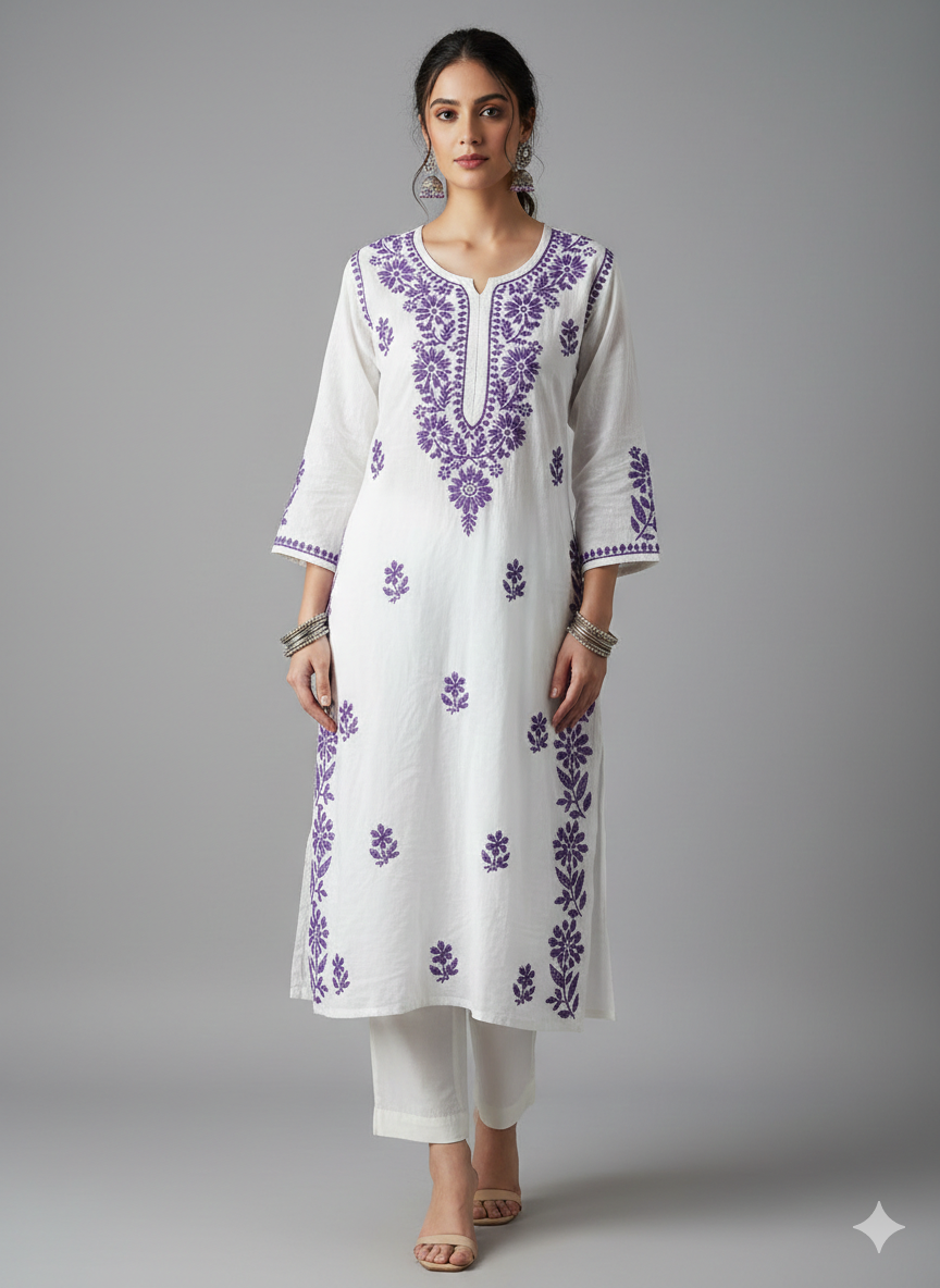 Woman wearing a white kurta with purple embroidery on a gray background
