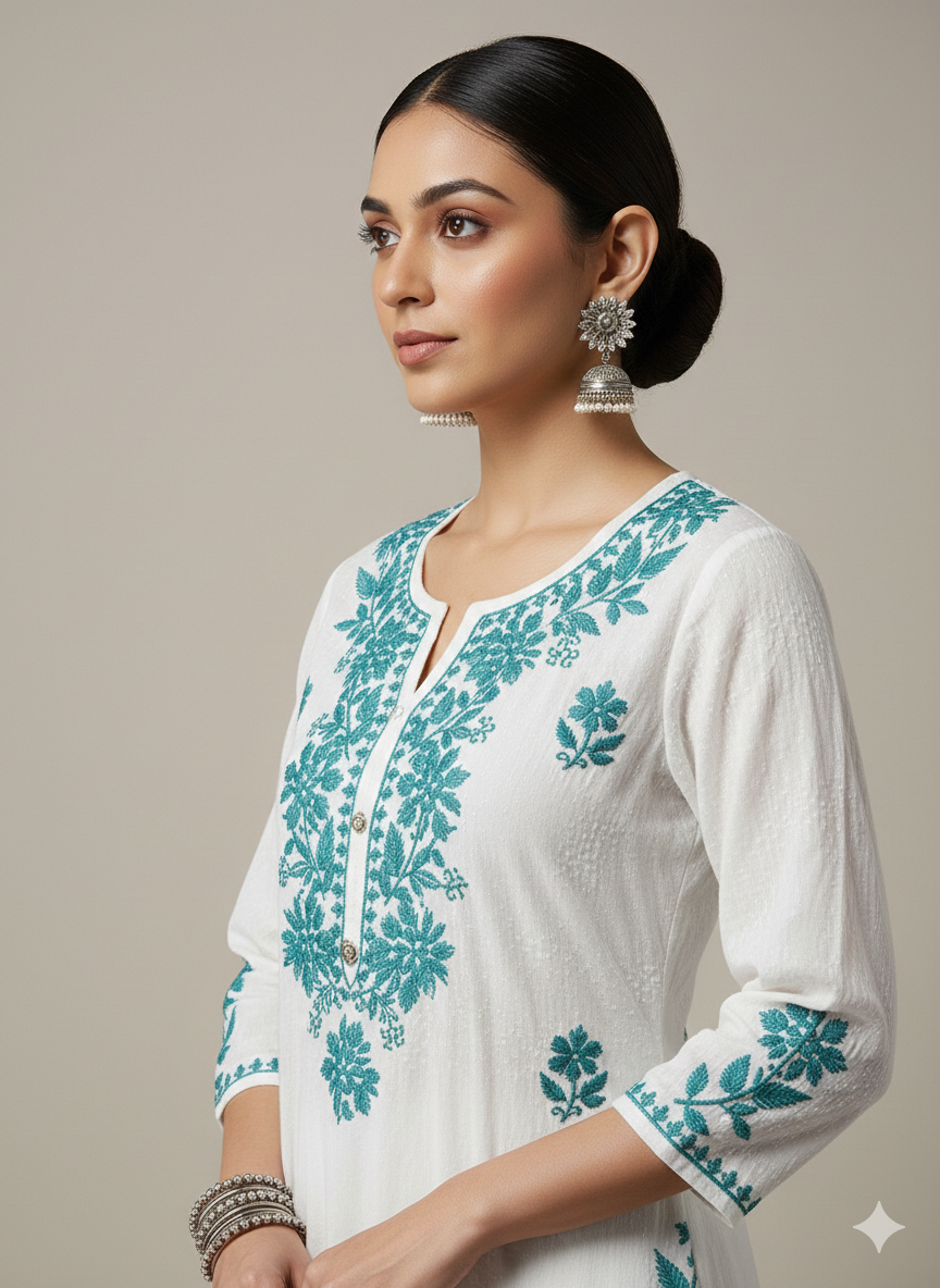 Woman wearing a white kurta with teal embroidery against a neutral background