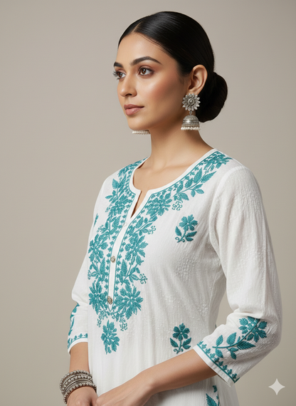 Woman wearing a white kurta with teal embroidery against a neutral background
