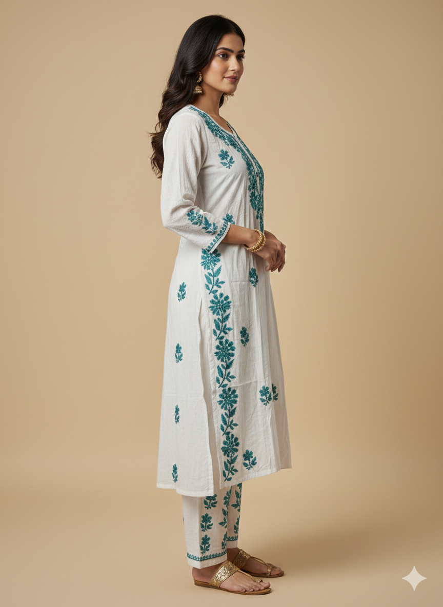 Woman wearing a white kurta with green floral embroidery on a beige background