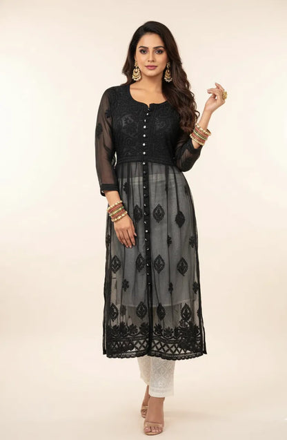 Georgette Chikankari Front Button Gown – Flowy, Elegant & Handcrafted | Store Chikankari