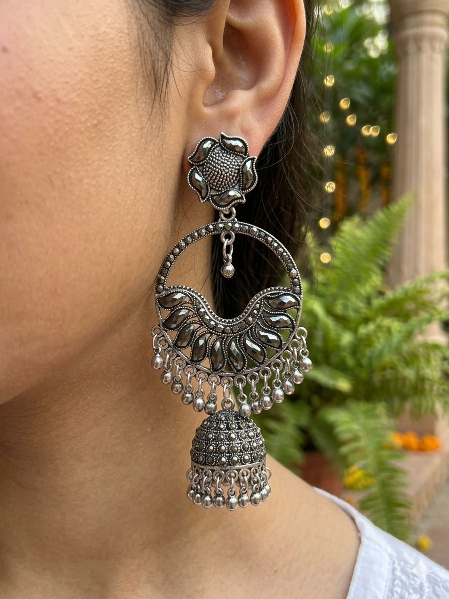 Boho Oxidised Silver Tribal Hoop Earrings with Jhumka Drop
