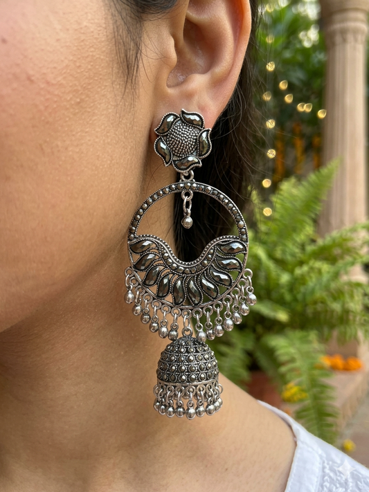 Boho Oxidised Silver Tribal Hoop Earrings with Jhumka Drop