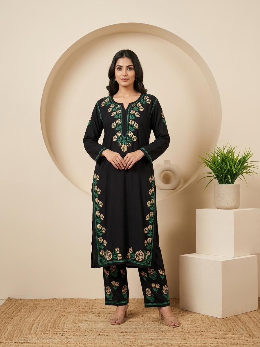 Kashmiri Gul Rayon Chikanakri Co-Ord set