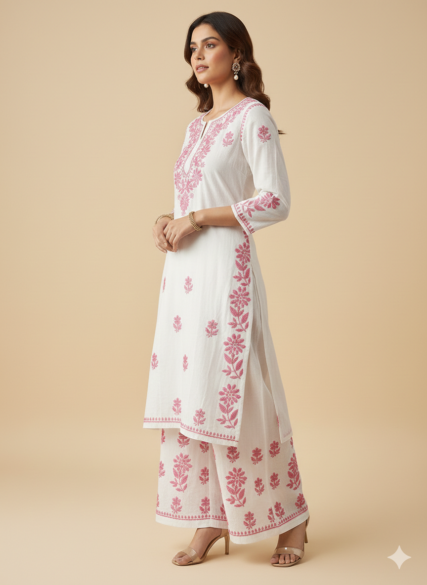 Woman wearing a white and pink floral embroidered outfit on a beige background