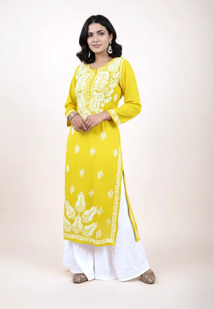 Georgette Chikankari Straight Kurti with Crochet Buttons – Elegant Everyday Style | Store Chikankari