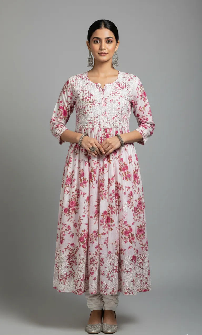 Mulmul Chikankari Printed Long Gown – Hand Embroidered Elegance for Women | Store Chikankari