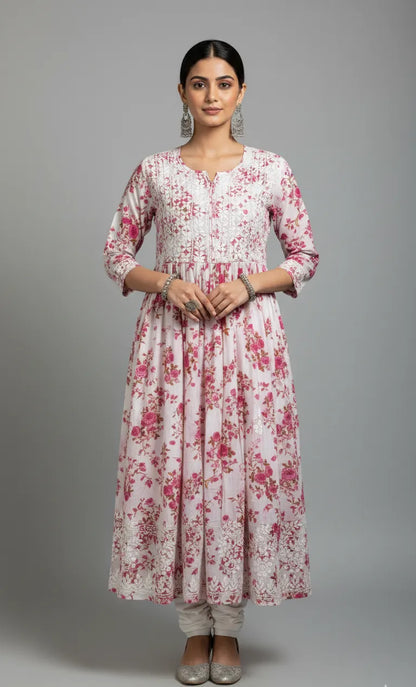 Mulmul Chikankari Printed Long Gown – Hand Embroidered Elegance for Women | Store Chikankari