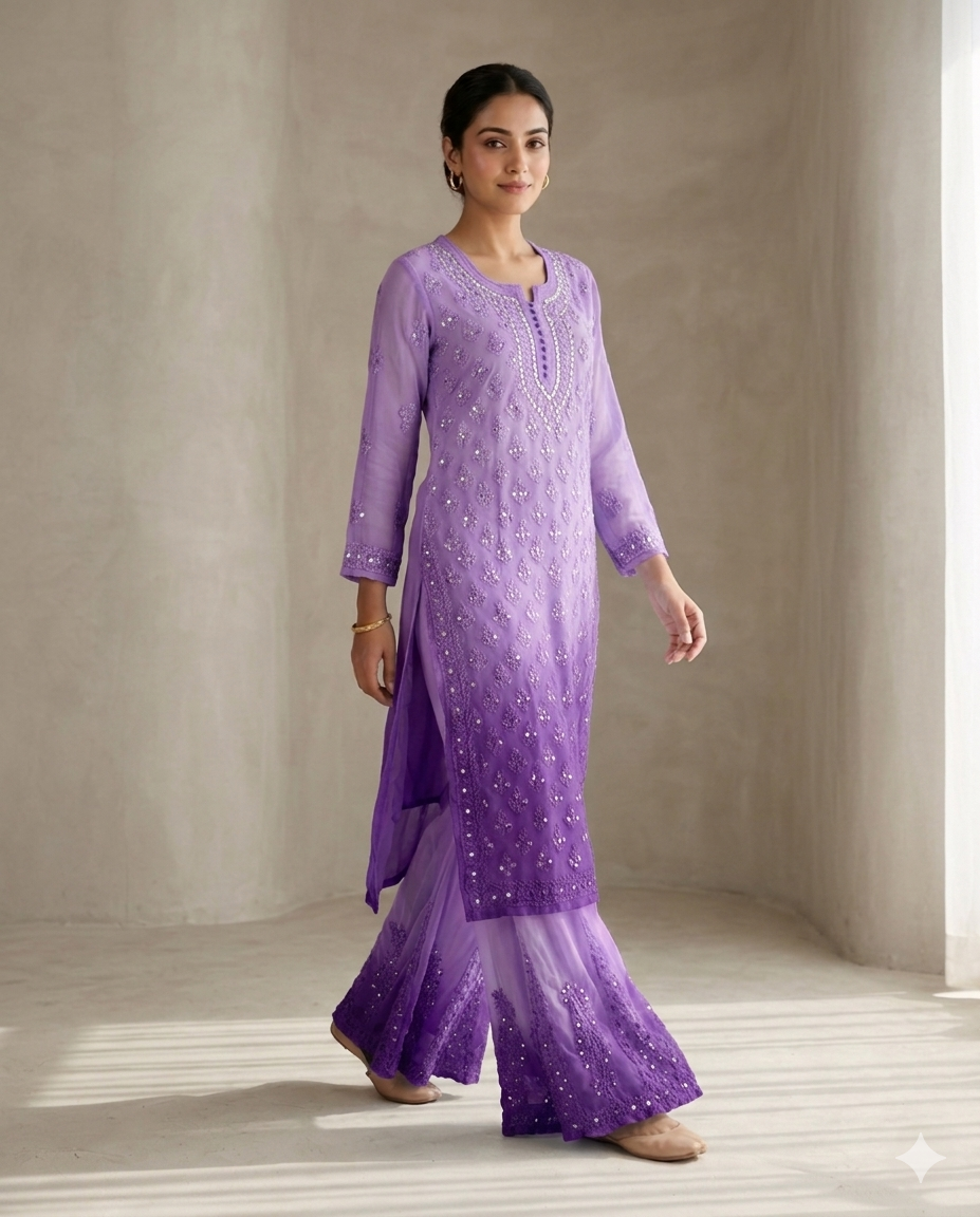 Ayna — 2 Pcs Chikankari Ombre Dyed Coord Set | Mirror Work | Georgette