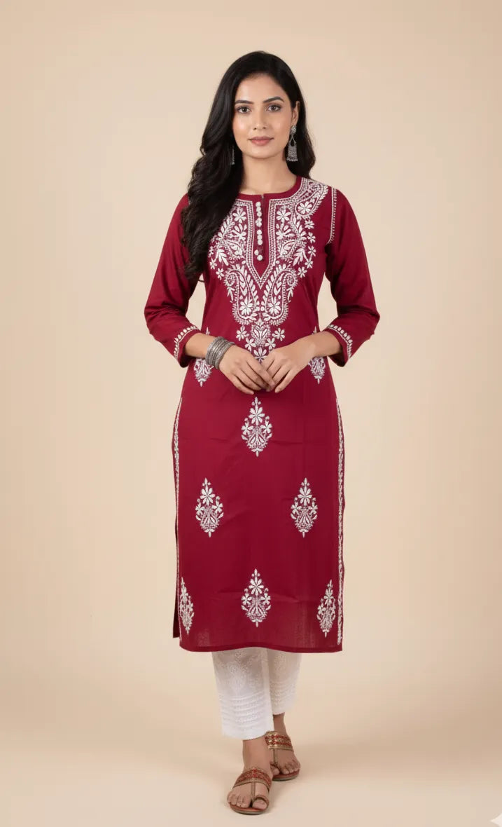 Chikankari Cotton Crochet Button Kurti – Handcrafted Style for Every Occasion | Store Chikankari