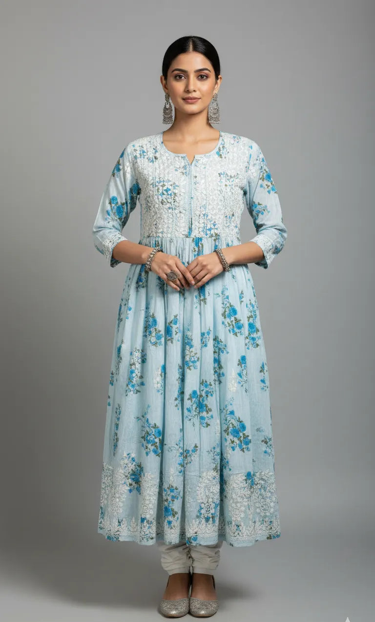 Mulmul Chikankari Printed Long Gown – Hand Embroidered Elegance for Women | Store Chikankari