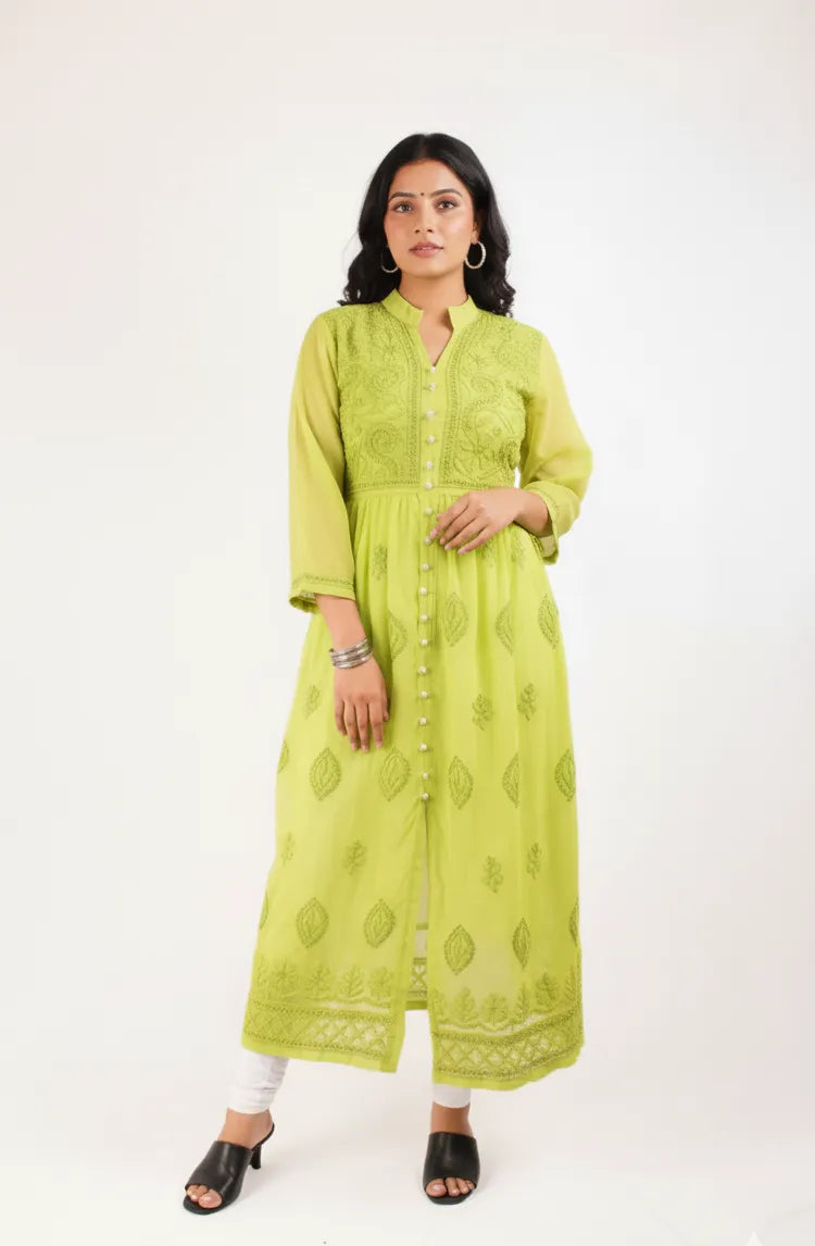 Georgette Chikankari Front Button Gown – Flowy, Elegant & Handcrafted | Store Chikankari
