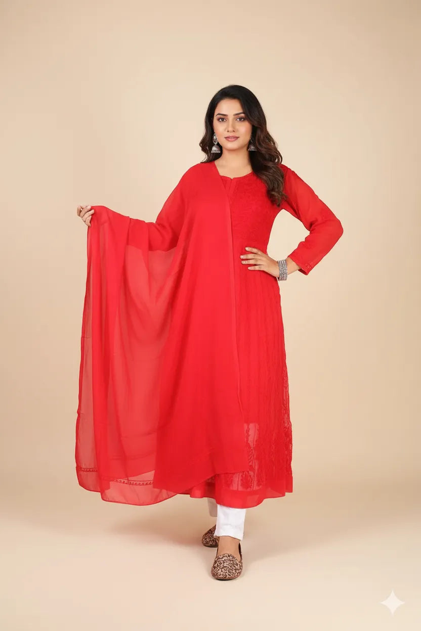 Georgette Aari Embroidered Anarkali with Dupatta – Regal & Graceful Ensemble | Store Chikankari
