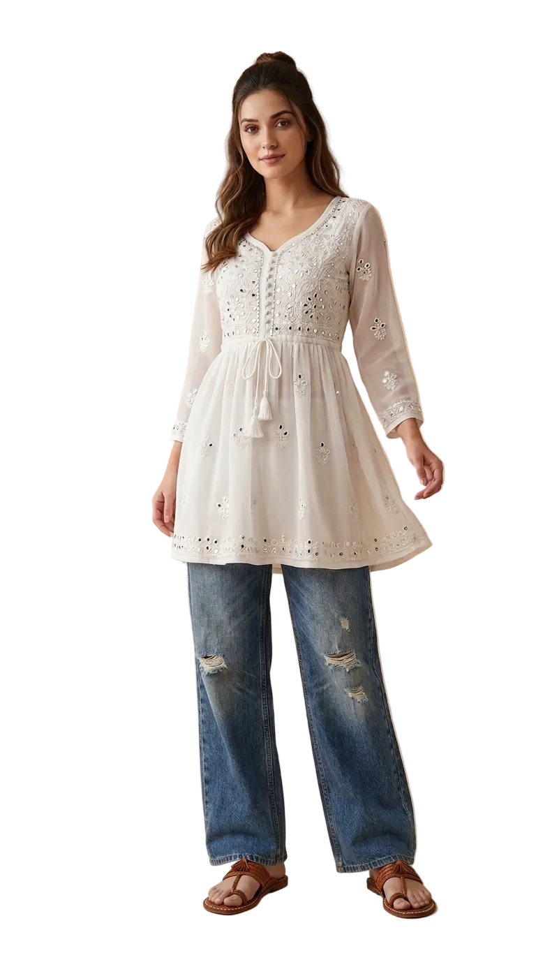 Women’s Chikankari Mirror Work Short Gown | 1 Pc Ombre Dyed Ethnic Dress | Georgette Party Wear Kurti