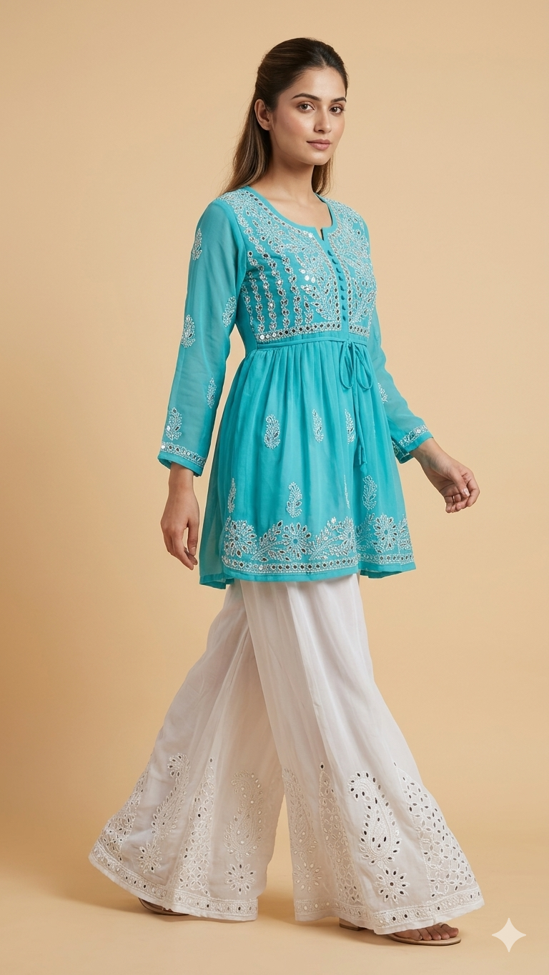 White Mirror Work Short Gown Set for Women | 2 Pcs Ethnic Coord Set