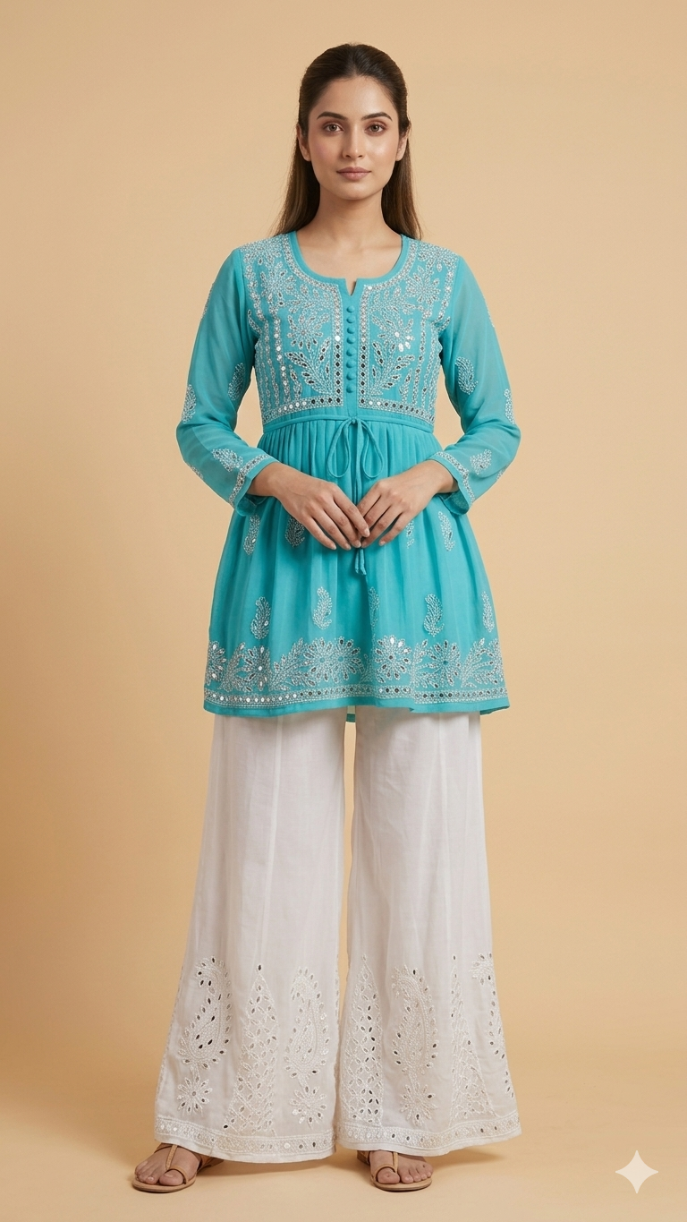 White Mirror Work Short Gown Set for Women | 2 Pcs Ethnic Coord Set