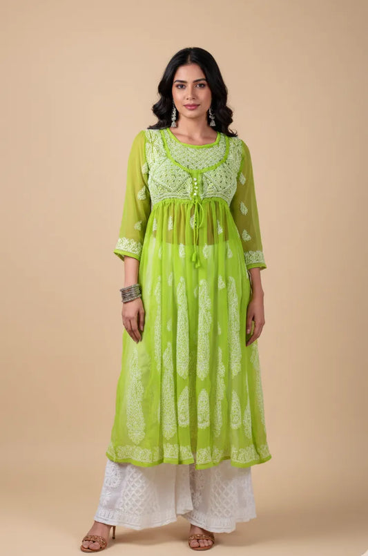 Georgette Chikankari Angrakha Gown – Timeless Grace with Hand Embroidery | Store Chikankari