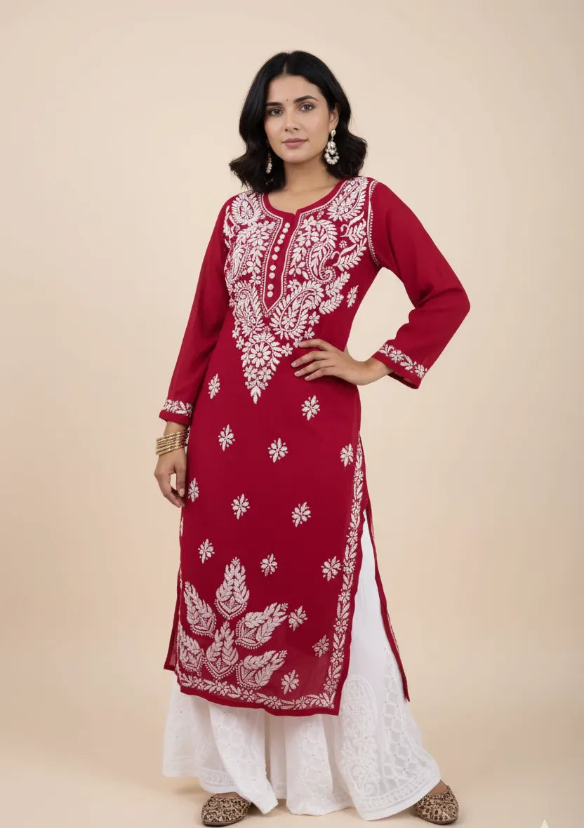 Georgette Chikankari Straight Kurti with Crochet Buttons – Elegant Everyday Style | Store Chikankari