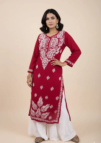 Georgette Chikankari Straight Kurti with Crochet Buttons – Elegant Everyday Style | Store Chikankari