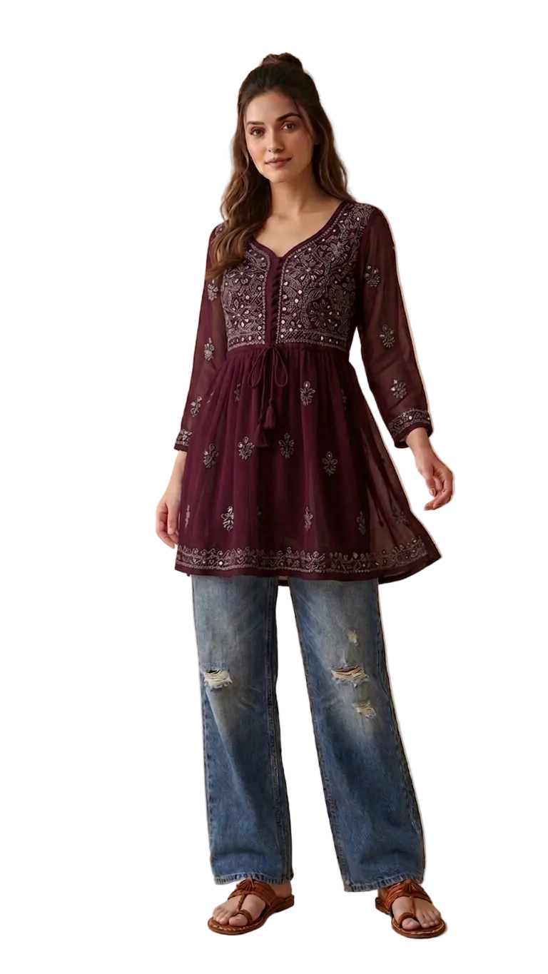 Women’s Chikankari Mirror Work Short Gown | 1 Pc Ombre Dyed Ethnic Dress | Georgette Party Wear Kurti