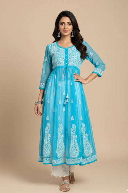 Georgette Chikankari Angrakha Gown – Timeless Grace with Hand Embroidery | Store Chikankari