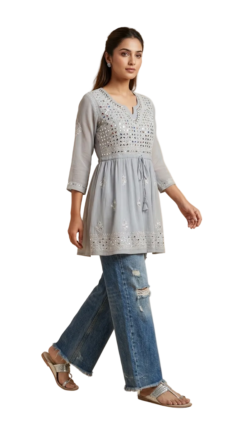 Women’s Chikankari Mirror Work Short Gown | 1 Pc Ombre Dyed Ethnic Dress | Georgette Party Wear Kurti