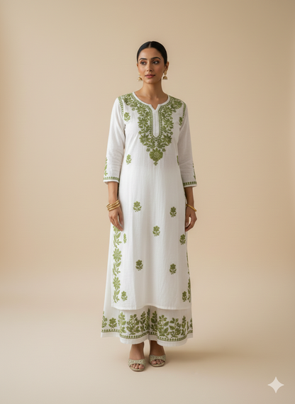Woman wearing a white kurta with green embroidery on a beige background