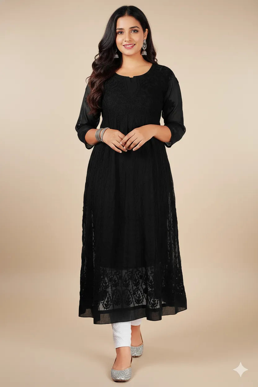 Georgette Aari Embroidered Anarkali with Dupatta – Regal & Graceful Ensemble | Store Chikankari