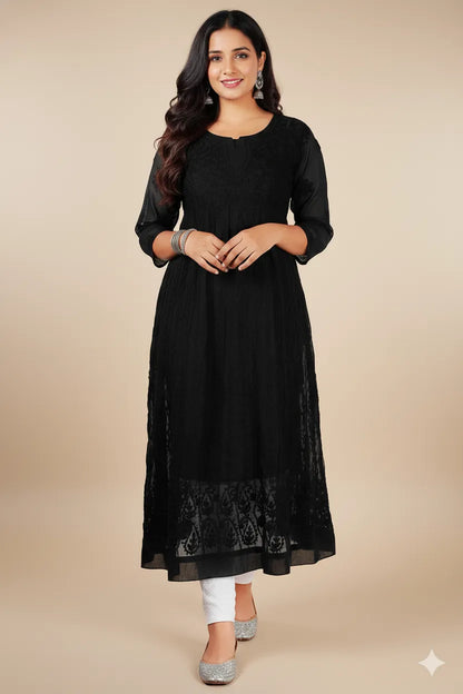 Georgette Aari Embroidered Anarkali with Dupatta – Regal & Graceful Ensemble | Store Chikankari