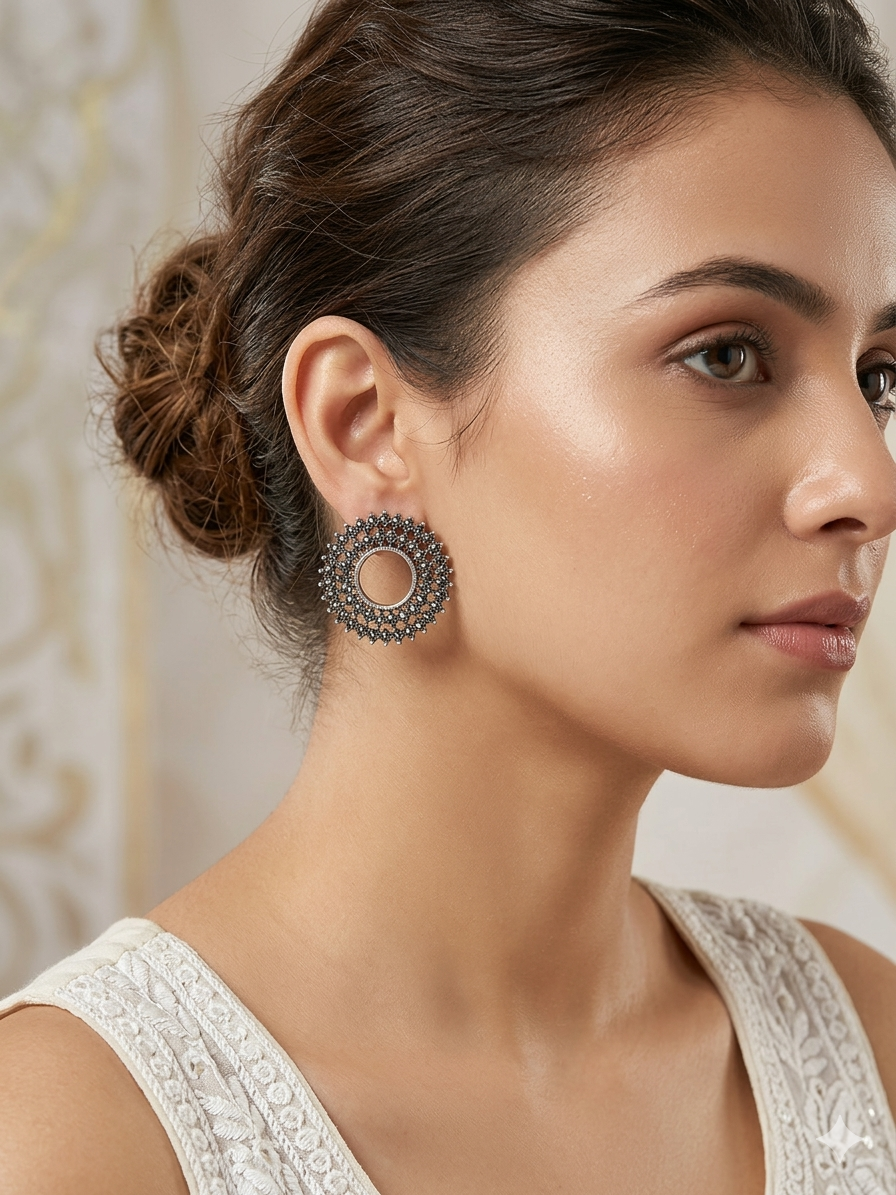 Oxidised Silver Circular Stone Stud Earrings