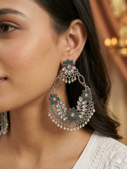 Designer Oxidised Silver Chandbali Earrings with Pearl Fringe