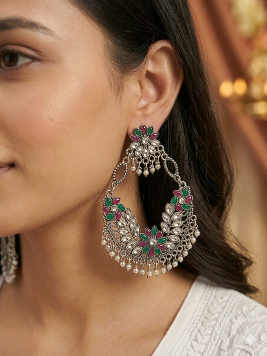 Designer Oxidised Silver Chandbali Earrings with Pearl Fringe