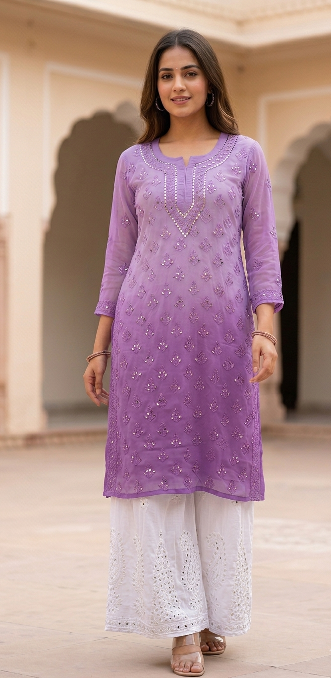 Ayna Buti Jaal Ombre Kurti | Mirror Work Chikankari