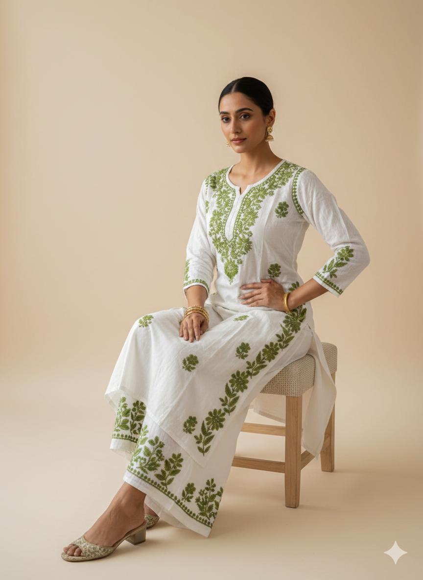 Woman wearing a white outfit with green embroidery sitting on a stool against a beige background
