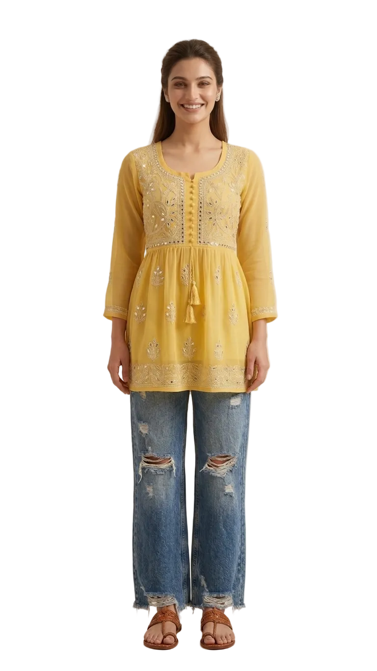 Women’s Chikankari Mirror Work Short Gown | 1 Pc Ombre Dyed Ethnic Dress | Georgette Party Wear Kurti