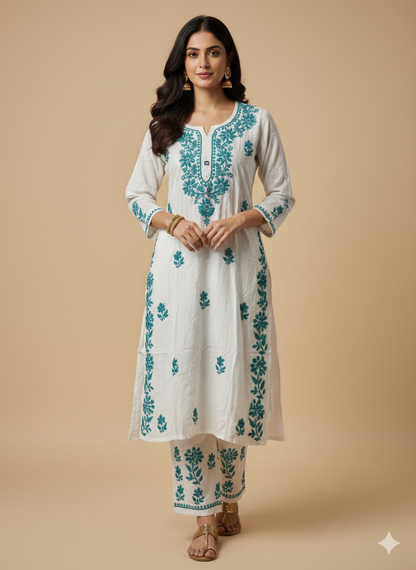 Woman wearing a white kurta with green floral embroidery on a beige background