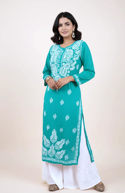 Georgette Chikankari Straight Kurti with Crochet Buttons – Elegant Everyday Style | Store Chikankari