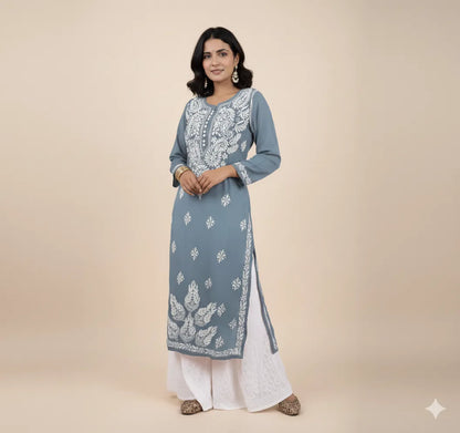 Georgette Chikankari Straight Kurti with Crochet Buttons – Elegant Everyday Style | Store Chikankari