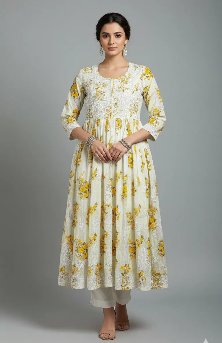 Mulmul Chikankari Printed Long Gown – Hand Embroidered Elegance for Women | Store Chikankari