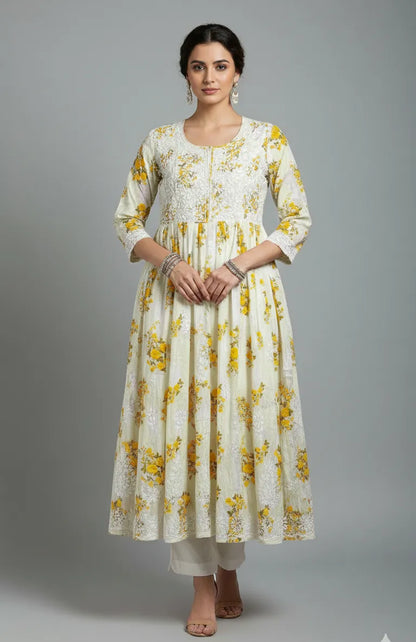 Mulmul Chikankari Printed Long Gown – Hand Embroidered Elegance for Women | Store Chikankari