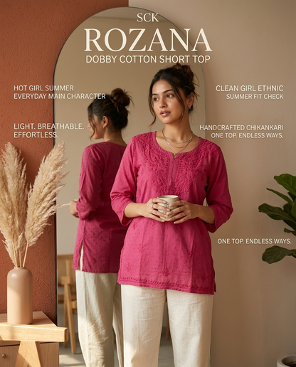 Rozana Dobby Cotton Chikankari Short Top | Hand Embroidered | XS–XXL
