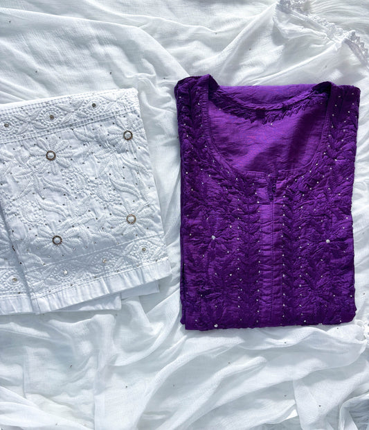Chanderi Chikankari Mukaish 3 piece Set – Traditional Handcrafted Beauty